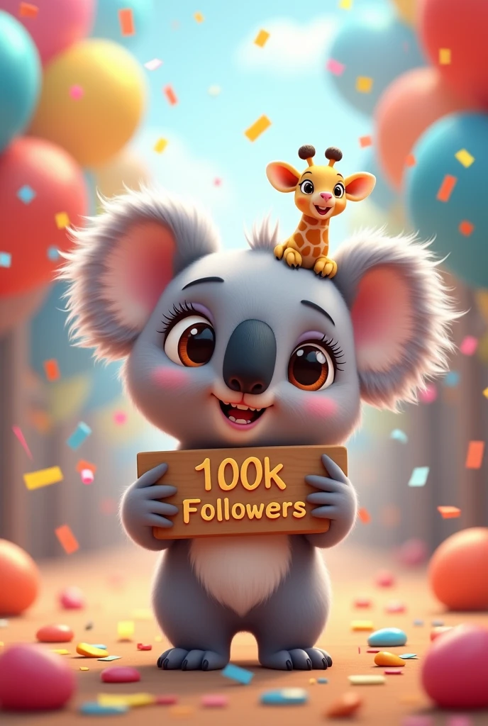 Image of an animated female koala with a 100k followers sign with a little giraffe on her shoulder. With confetti and balloons in celebration mode. Super cute.