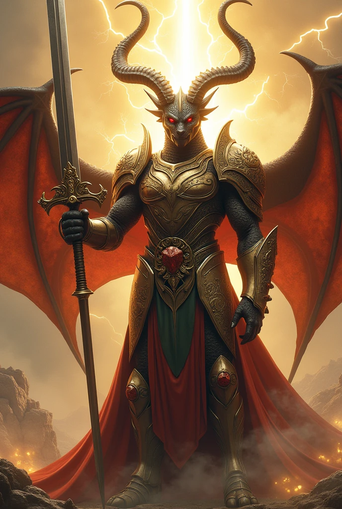A dragon-human hybrid with a human body ,with capricorn armor with escalubur,with the blessing of athens.