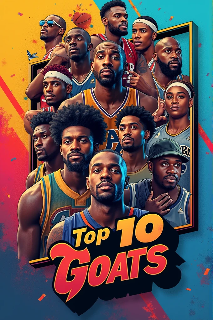 "Create a dynamic and eye-catching thumbnail showing a collage of the top 10 GOATs across different domains (e.g., sports, music, film). Include recognizable images of each individual with a bold, attention-grabbing title that says 'Top 10 GOATs'. Use vibrant colors and contrasting text to make the thumbnail stand out."
