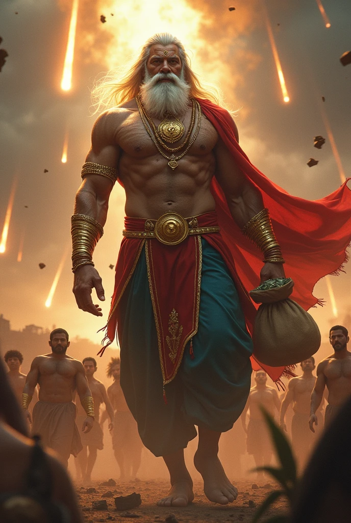 Indian superman with long hair golden rings white beard and long neck and jewellerys with bag full of money and trying to save people from meteors
People running in scare