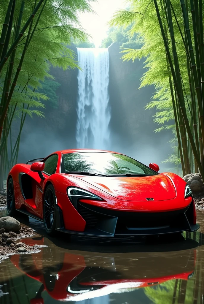 A red lambo with bamboo forest and a water fall