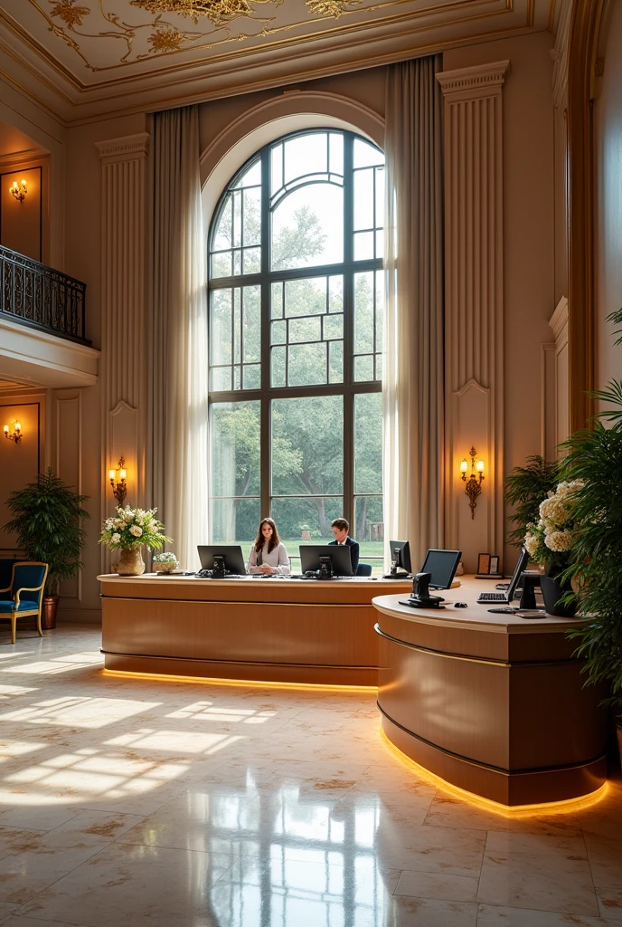 Generate a image of an 5 star hotel front office reception equipment furniture and machine and sub machine from behind desk where all things are visible Without people in it