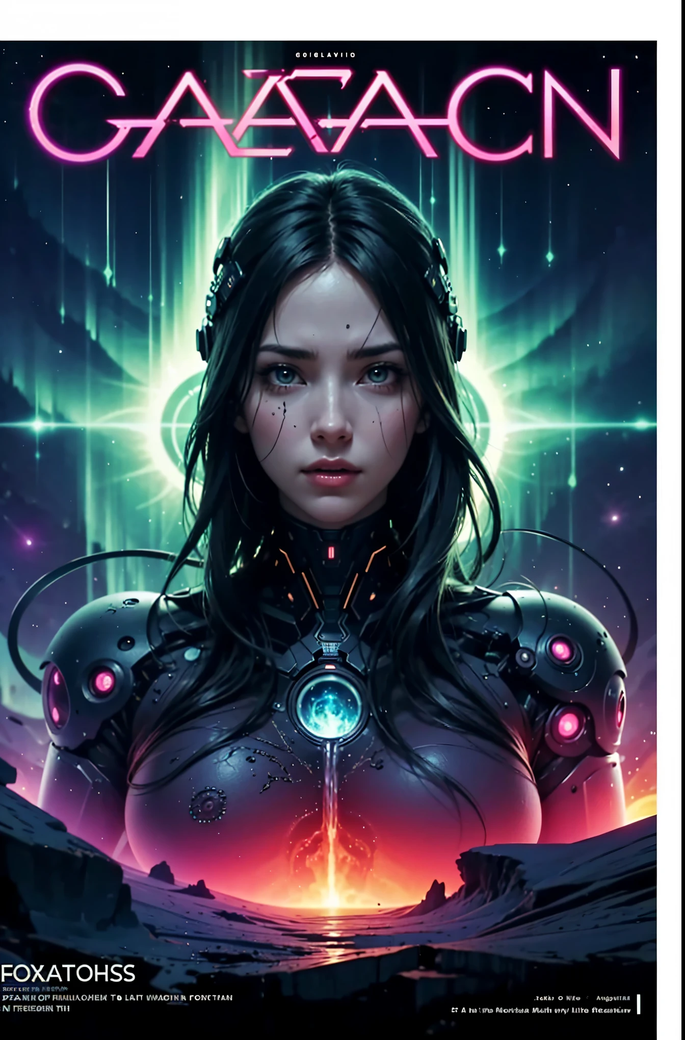 Lovecraftian gal, sexy cyborg body part, huge large big, magazine cover, poster art , Lovecraftian creative creatures, hint of vibrant, matted design layout. technological elements, cosmic dread, Mystical Northern Lights,　Lots of little explosions、　 noise background