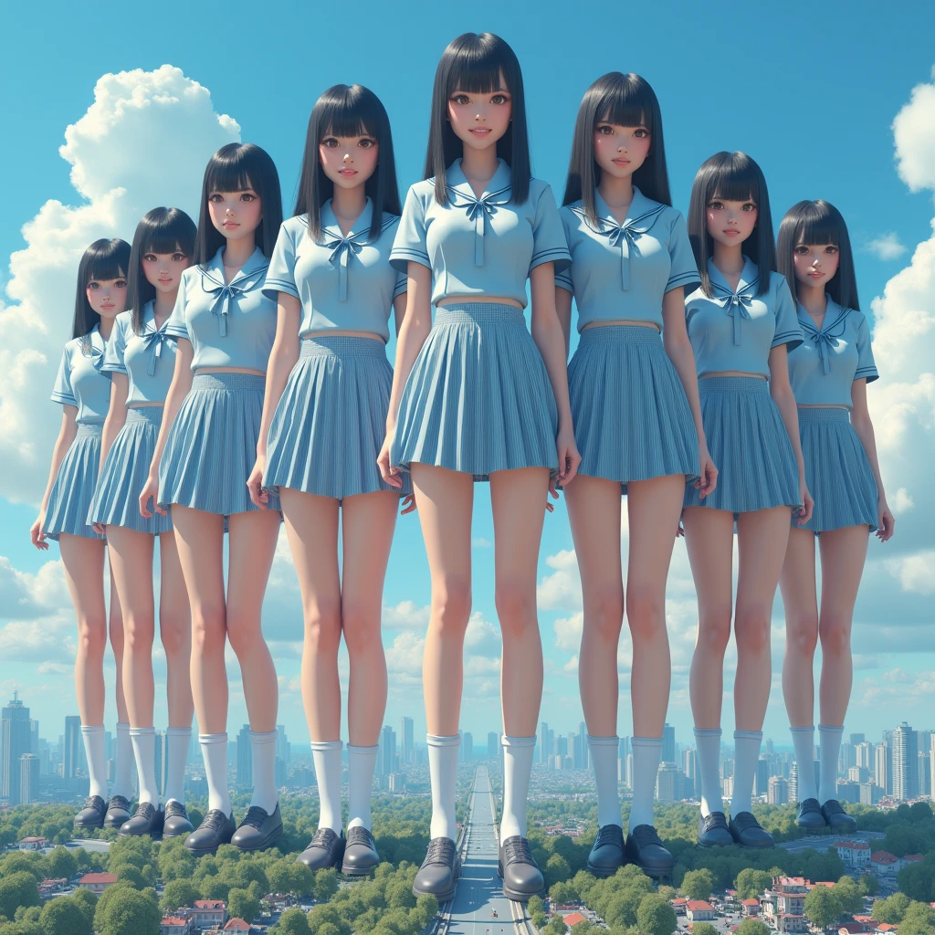 (((giant clone-girls art))), (((16K, Highest quality, Ultra-high resolution))), (((((It&#39;s a very unrealistic and delusional worldview.))))), A high school girl with thick black hair, Light blue short sleeve uniform, Blue and white striped mini skirt, White socks, Black leather shoes, Very detailed美しい女体, Very detailed完璧な体の構造, ((Big Breasts)), (((A seductive smile))), (((((Extremely detailed depiction, Super huge beautiful girl, 2,500ft, High school girls are much taller than skyscrapers, The shoes worn by high school girls are bigger than skyscrapers, A depiction of a group of gigantic high school girls looking down from high up in the sky, small city, Super miniature city, The people in the town are tiny))))), ((((((((Highly detailed cloning depiction, 1giant girl-1,000giant clone-girls)))))))), (Very detailed, The detailed depiction of the proliferation of Clone-girls, ((With perfectly identical Clone-girls&#39; bodies, With the exact same face as Clone-girls, With the exact same hairstyle as Clone-girls, Dressed exactly like the Clone-girls, Exactly the same height as the Clone-girls, 完璧にClone-girlsと同じ超Big Breasts), (((((1,000giant Clone-girls))))), There are so many gigantic high school girls that you can barely move your feet., A bunch of high school girls trample on a skyscraper, Destroying cities, City Survivors 0.001％