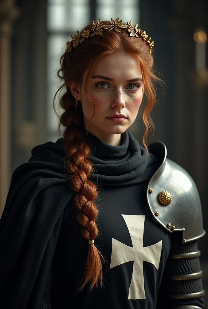 Lady in crusader armor, plate and cloth, auburn hair, gorgeous face, braided hair, wearing a golden laurel wreath crown, lokkint into the camera, best quality, ultra realistic, pretty face, freckles, waring a black tabard on top of her armour with the white hospitaller cross, tabard covers the chest area, realistic cloth, tabard is black, logo is white, photo quality, realistic skin, posing in a church, dark and gloomy athmosphere, heroic pose