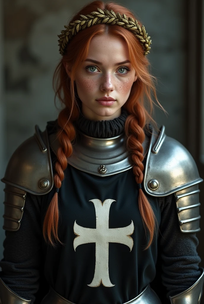 Lady in crusader armor, plate and cloth, auburn hair, gorgeous face, braided hair, wearing a golden laurel wreath crown, lokkint into the camera, best quality, ultra realistic, pretty face, freckles, waring a black tabard on top of her armour with the white hospitaller cross, tabard covers the chest area, realistic cloth, tabard is black, logo is white, photo quality, realistic skin, posing in a church, dark and gloomy athmosphere, heroic pose