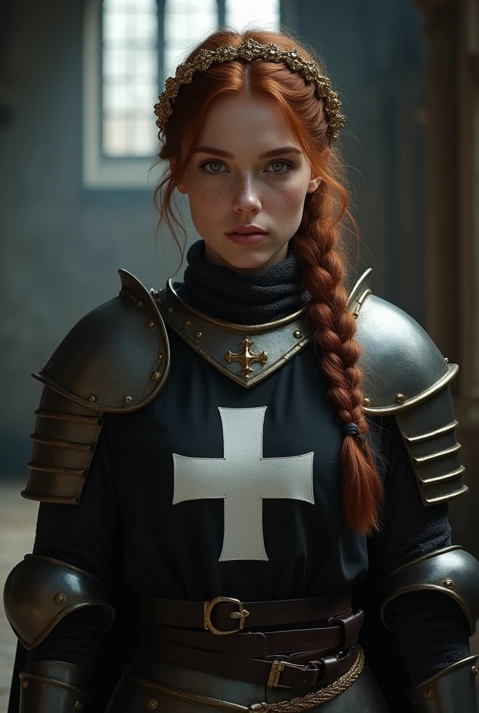 Lady in crusader armor, plate and cloth, auburn hair, gorgeous face, braided hair, wearing a golden laurel wreath crown, lokkint into the camera, best quality, ultra realistic, pretty face, freckles, waring a black tabard on top of her armour with the white hospitaller cross, tabard covers the chest area, realistic cloth, tabard is black, logo is white, photo quality, realistic skin, posing in a church, dark and gloomy athmosphere, heroic pose