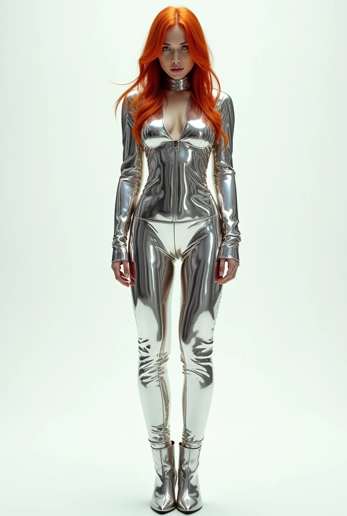 Redhead woman in chrome mirrored outfit,with ankle boots and white background full body