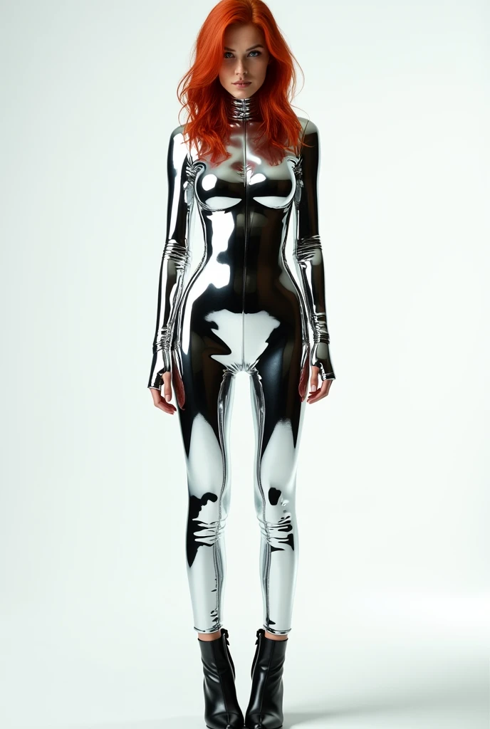 Redhead woman in chrome mirrored outfit,with ankle boots and white background full body