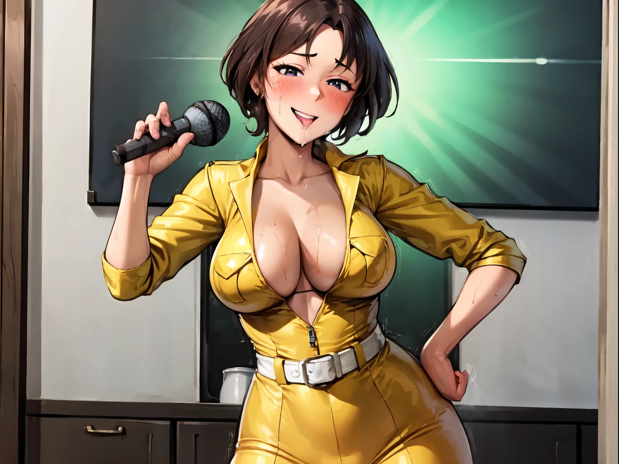 ((super high quality,Ultra-high resolution,16K,super masterpiece,Ultra HD ,Detailed shading,))Pink light room,((3People Women,y older sisters)),Clellow jumpsuit,White belt at waist,popped Tight collar,smile,blush,Sweaty,holding a microphone in his hand,Licking the microphone,A small amount of drooling,Love juice from the crotch,