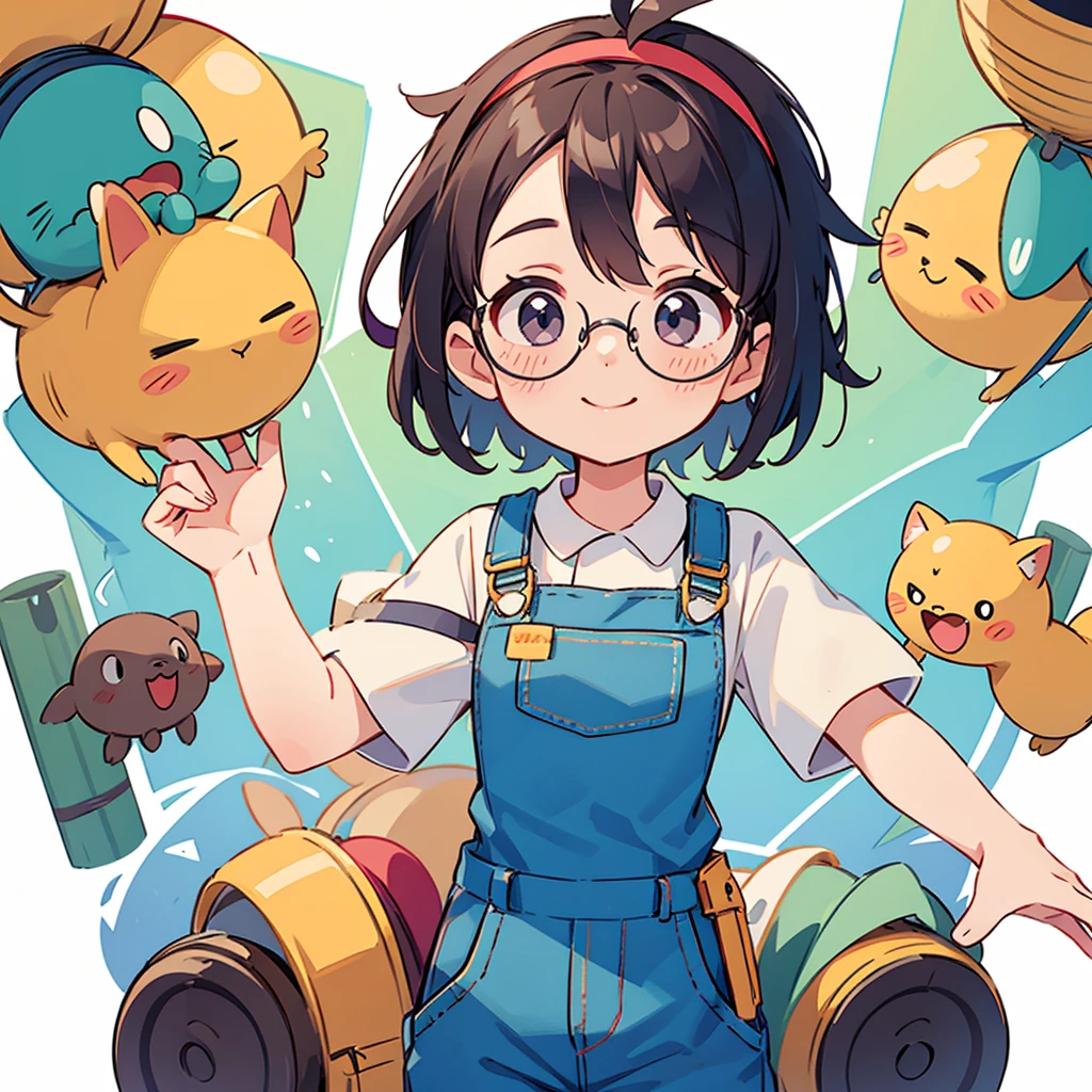 One person Character portrait Glasses whole body head band short hair Overalls Short sleeve smile