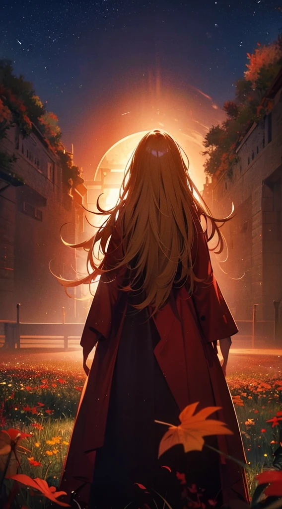 1people々々々々々々,Blonde long-haired woman,long red coat, Dress Silhouette, Rear View,Space Sky, Flower Field,autumn,