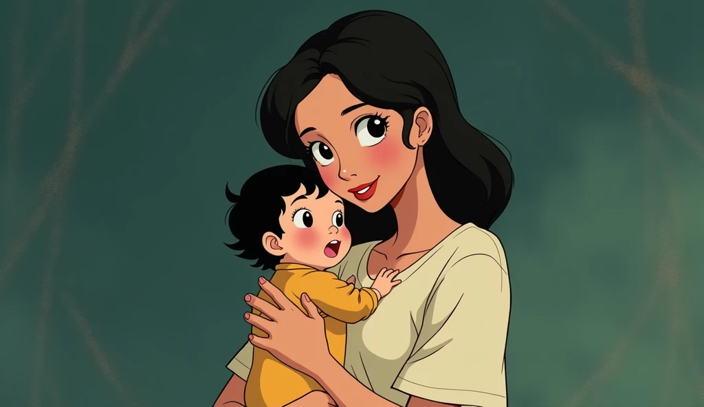 a young woman holding her baby,studio ghibli art style,studio ghibli art style,studio ghibli art style,studio ghibli art style