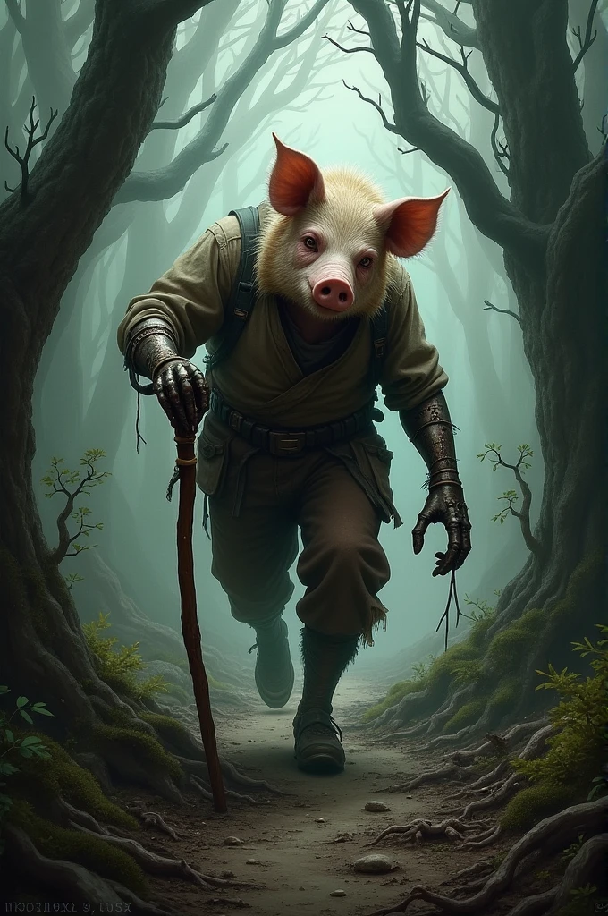 A pig man whose right hand was replaced with a rusty old iron hand walks alone in the middle of a very scary forest with a wooden stick in his hand.