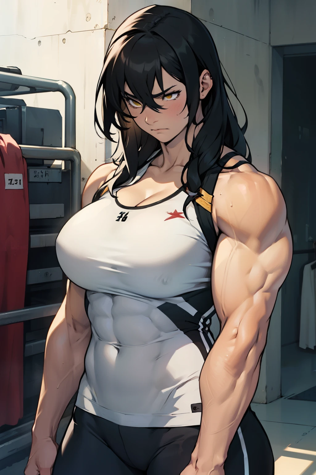 embarrassed sad long black hair yellow eyes pale skin muscular girl huge muscles large looking away