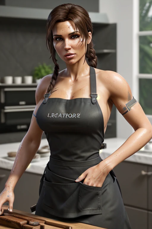 a photo of a beautiful S060_Octokuro, as (Lara Croft), in a kitchen, wearing a (apron), (8k, RAW photo, best quality, ultra high res, depth of field:1.1), (absurdres, intricate, photorealistic, masterpiece, ultra-detailed, Unreal Engine:1.3)