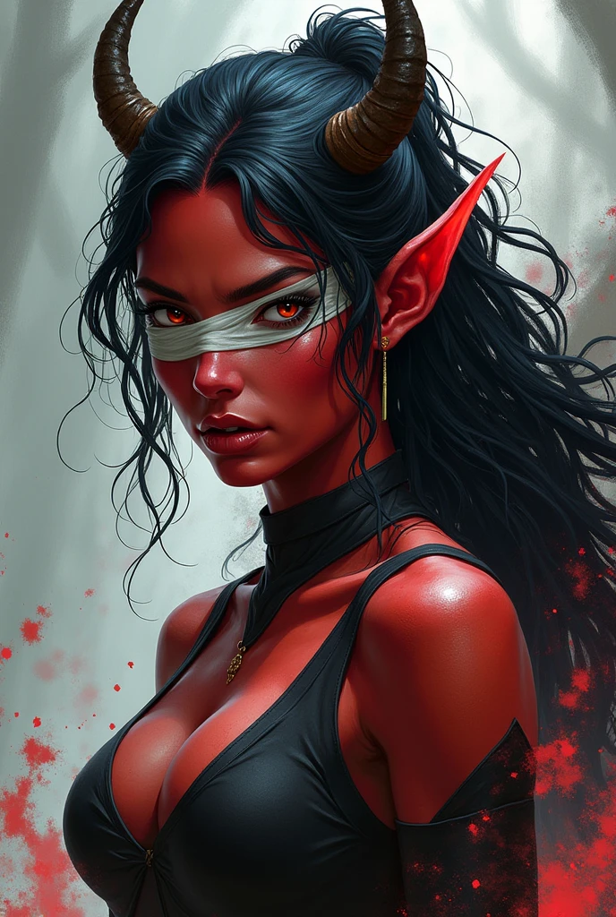 A tiefling woman, with red skin, black hair ,and small horn's , she is strong like an warrior, have her left eye covered in bandage's, the image should be less realistic