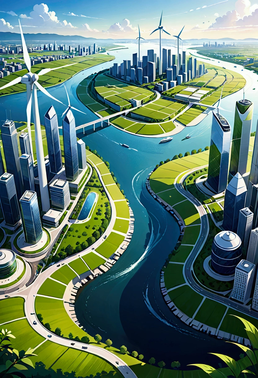 there is a picture of a city with a river and wind turbines, in an eco city, city landscape, city environment, landscape of a future city, simple illustration, flat illustration, the city is full of green plants, countryside city scene, city background, simple and clean illustration, detailed scenery —width 672, city panorama, city in backround, city scape