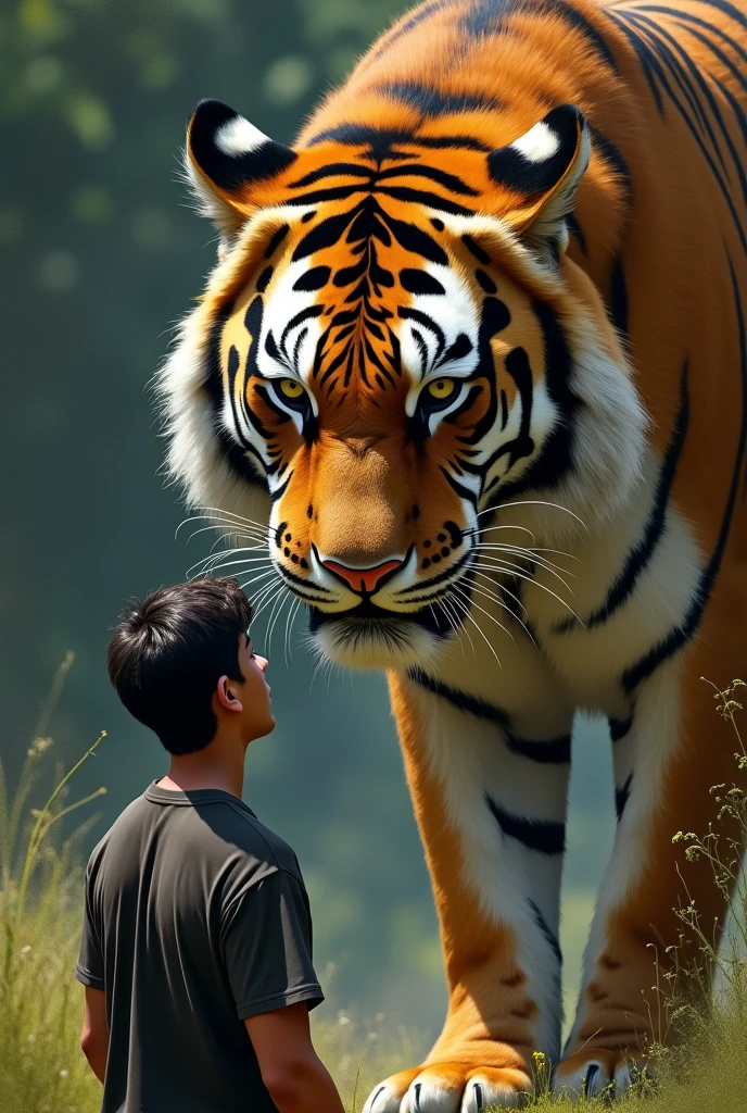 A man staring at tiger