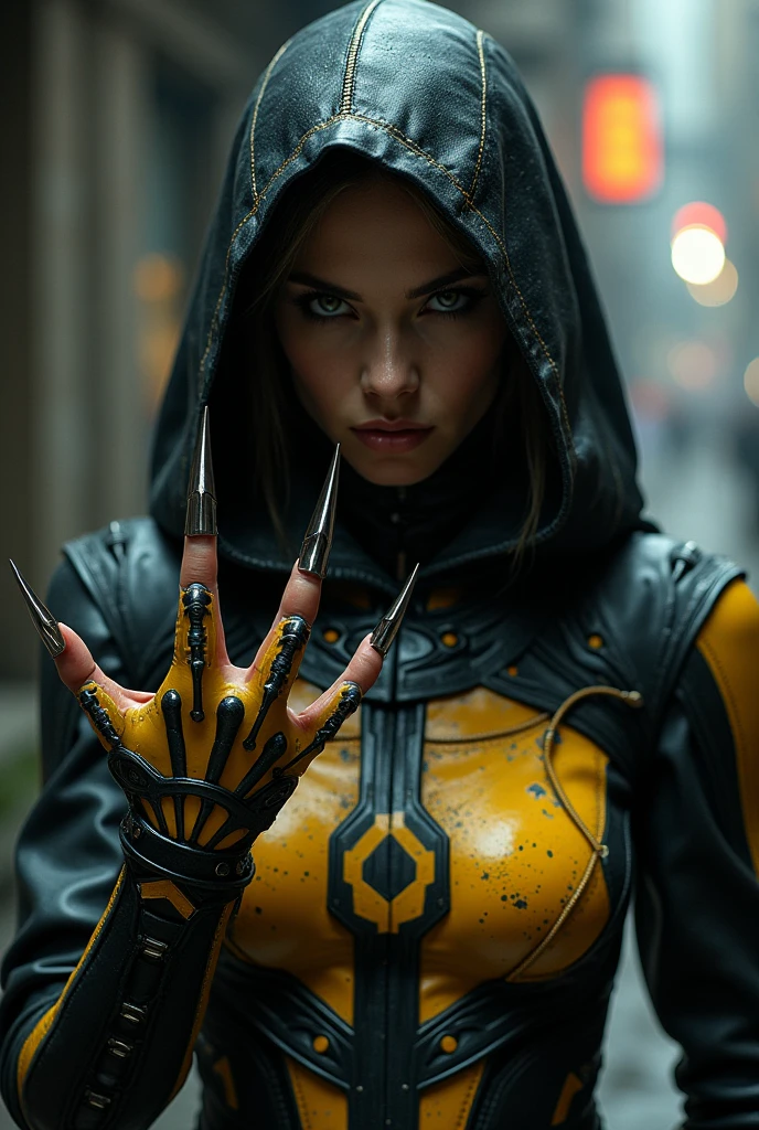 Generate a woman assassin 

Weapon: wolverine claws X in right hand.

Outfit:gold and black cybordpuck with very clear and not hidden print "NEL".

Background:realistic 

Photo size: 11 x 14