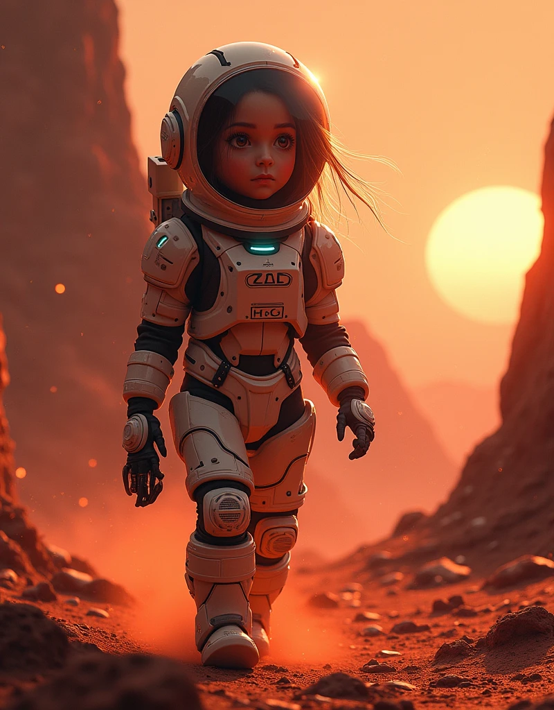 girl exploring a mysterious landscape on Mars, wearing a futuristic spacesuit with glowing LED lights, surrounded by red dust particles. The scene is depicted in a highly detailed digital painting (best quality, ultra-detailed, 4k resolution) with a realistic and photorealistic style (photo-realistic:1.37). The color palette is dominated by shades of red and orange, reflecting the Martian environment. The lighting is set to simulate the warm glow of the sun on Mars, casting long shadows on the rocky terrain. The girl's eyes are vivid and expressive, showcasing her curiosity and determination. She is holding a high-tech device in her hand, scanning the surroundings for any signs of life. As she explores, she discovers remnants of an ancient Martian civilization, with crumbling structures and hieroglyphic symbols carved into the rocks.