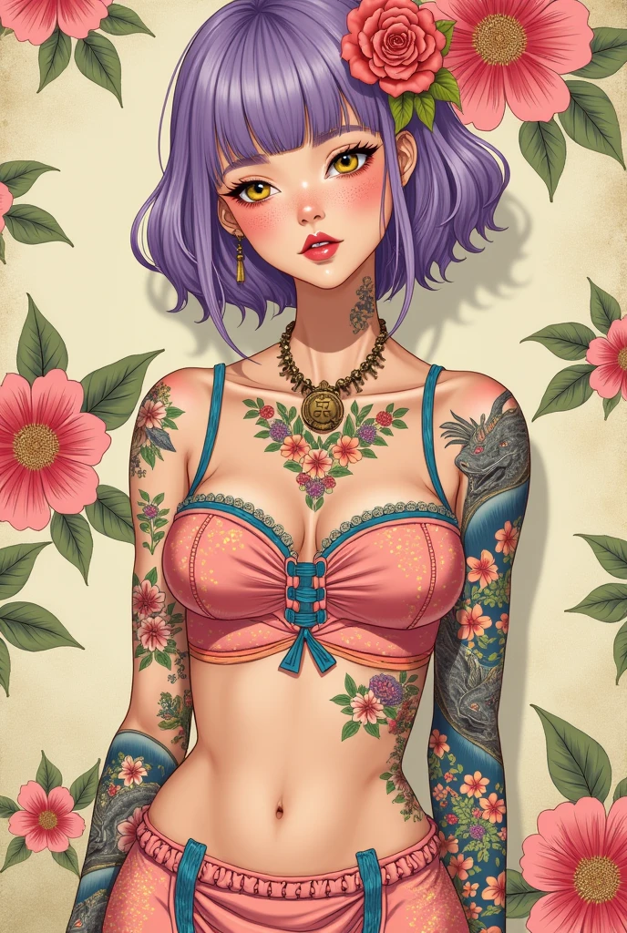 A mesmerizing surreal illustration of a young japanese woman. She has pastel purple hair with blunt bangs, yellow eyes, and wears a vibrant pastel colored outfit adorned with intricate floral patterns. Freckles dot her smooth, warm complexion, and bold, colorful tattoos cover her arms and legs. The tattoos feature traditional Japanese motifs like flowers and mythical creatures, rendered with meticulous detail in a pastel color palette. The background is a vintage floral-patterned wallpaper that complements the artwork's colors. The line work is precise, with delicate shading that gives the illustration a 3D quality. The artwork fuses modern illustration techniques with traditional Japanese aesthetics, resulting in a visually striking, standing, large breasts, thick thighs,,