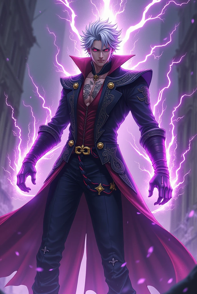 A male anime character with white hair ,powers of purple lightning That was a murderous scoundrel with red eyes in the medieval era and stole people's power
