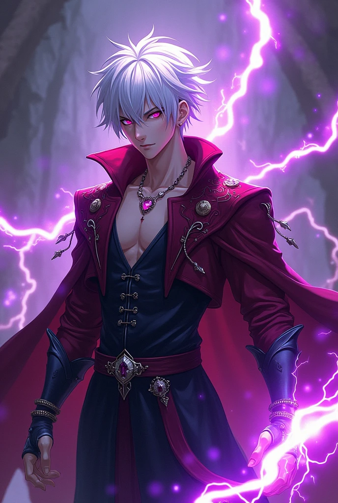 A male anime character with white hair ,powers of purple lightning That was a murderous scoundrel with red eyes in the medieval era and stole people&#39;s power