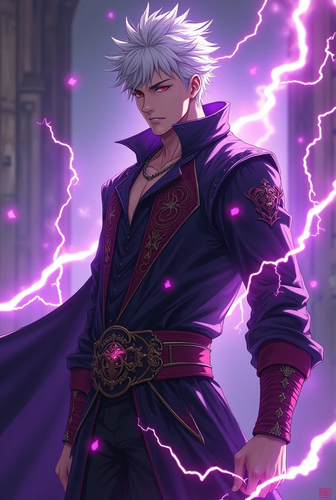 A male anime character with white hair ,powers of purple lightning That was a murderous scoundrel with red eyes in the medieval era and stole people's power