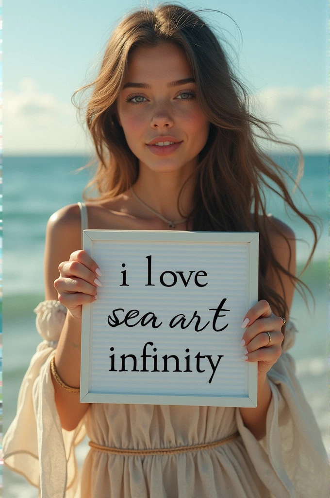 Beautiful girl with wavy long hair, bohemian dress, holding a white board with text "I Love Seaart Infinity" and showing it to the viewer