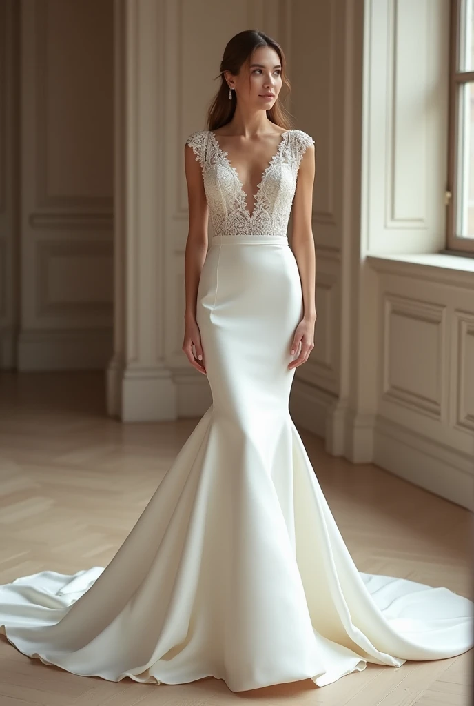 Create a bride's wedding dress. A mermaid satin dress for a female, 5'1ft, 46kg in weight and  27 waistline.