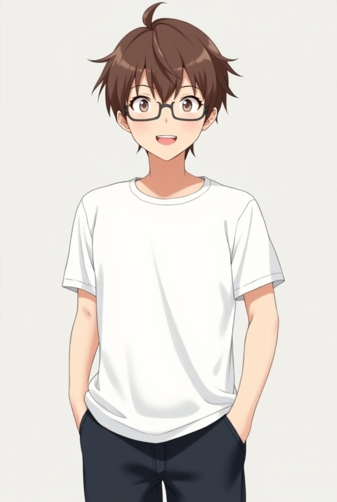 Make an image of a anime guy with glasses, white plane t shirt and black plain shorts and brown hair that has curtain in happy face with gray plain background 
