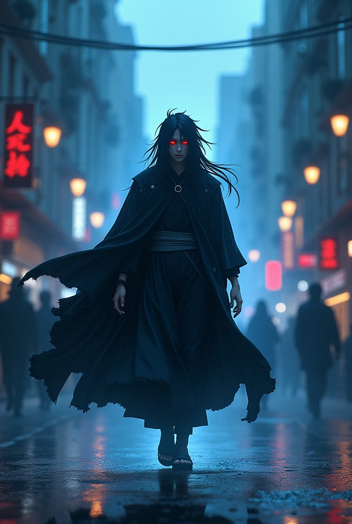 Madara uchiha walking on the streets blue
light and red