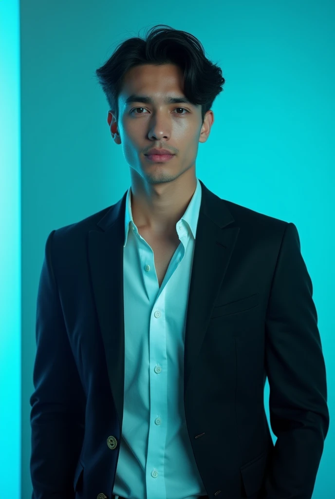 A young man with dark hair and a confident. He is dressed in a black blazer over a white shirt.The man is positioned Against Aqua colour backdrop with a subtle blu lighting on the left side. And he posting for LinkedIn profile 