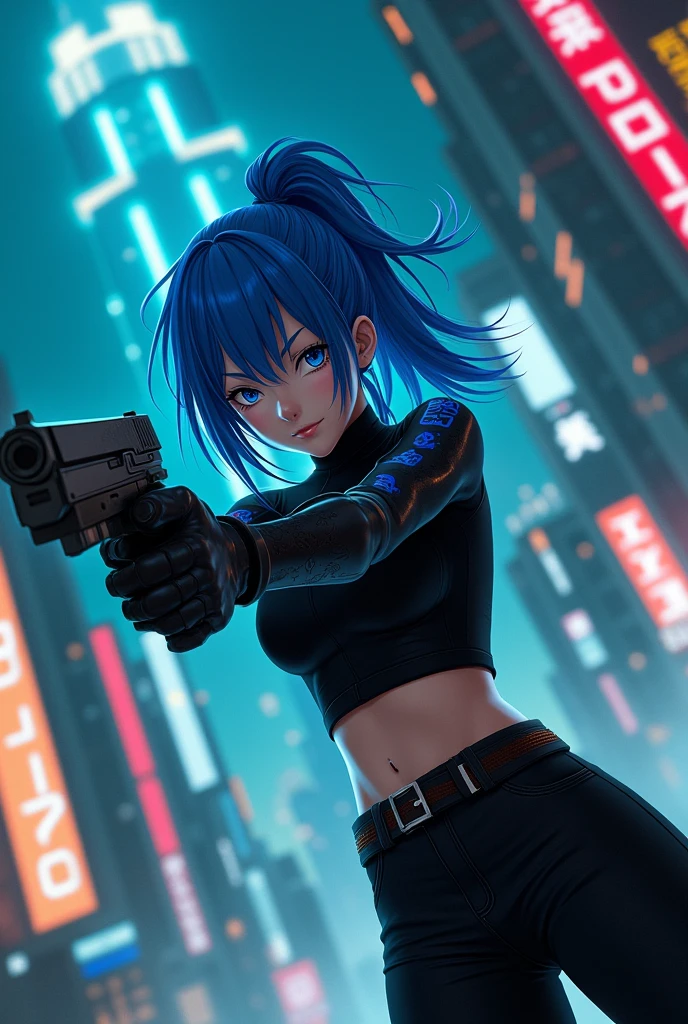 CYBERPUNK,EDGERUNNERS,blue hair, woman holding a gun in a city with a skyscraper in the background, trinity from the matrix, trinity the matrix, in the new matrix movie, dramatic wielding gun pose, neo from the matrix, from matrix(2023), from matrix ( 2023), matrix), matrix ), agents from the matrix movie, matrix movie color grading