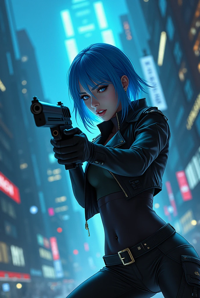 CYBERPUNK,EDGERUNNERS,blue hair, woman holding a gun in a city with a skyscraper in the background, trinity from the matrix, trinity the matrix, in the new matrix movie, dramatic wielding gun pose, neo from the matrix, from matrix(2023), from matrix ( 2023), matrix), matrix ), agents from the matrix movie, matrix movie color grading