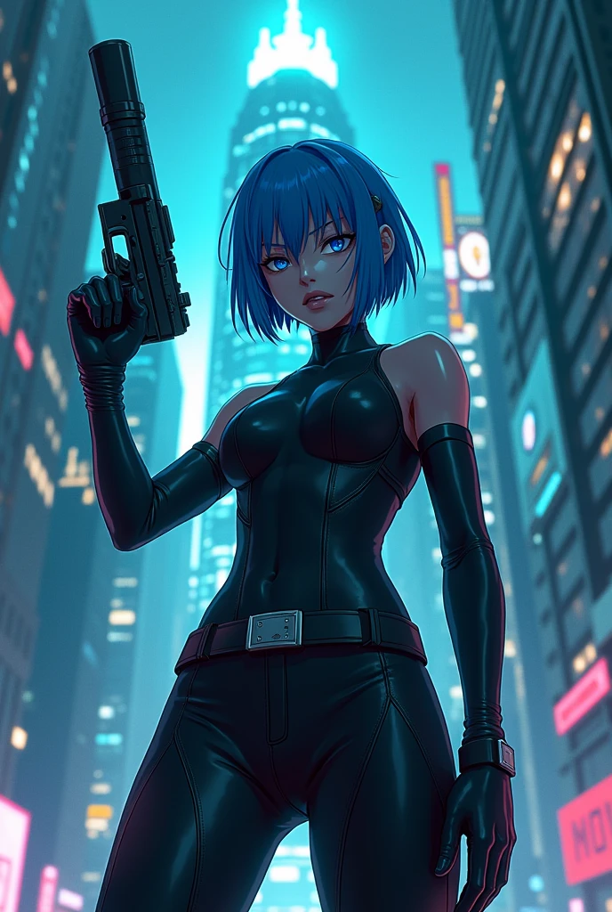 CYBERPUNK,EDGERUNNERS,blue hair, woman holding a gun in a city with a skyscraper in the background, trinity from the matrix, trinity the matrix, in the new matrix movie, dramatic wielding gun pose, neo from the matrix, from matrix(2023), from matrix ( 2023), matrix), matrix ), agents from the matrix movie, matrix movie color grading