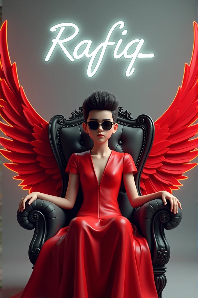 create a realistic 3d image a 20 year old attitude boy sunglasses wearing red dress, sitting on a king chair with neon wings and behind him the color of the wall is gray on which “Rafiq” is written in curve style