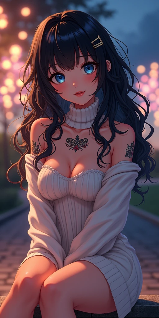 (best quality, ultra-detailed, photorealistic: 1.39), bright and vibrant colors, studio lighting, romantic expression, An effeminate girl, with a delicate and beautiful face. She is a girl who reflects seductive beauty, sparkling eyes, A Beautiful and adult tattooed woman and voluminous curly black hair, hair clip, crying a seductive 2 woman with big breasts seduces, matches the makeup, with her large breasts seduces, Turtleneck sweater, white wool, sleeveless, beautiful sweater dress, sitting, with beautiful legs, ankle boots, with her blue eyes that matches her soft smile, beautiful style, in a beautiful pose demonstrating her seduction on the in the park at night, beautiful event style decoration with lights and fireworks, night with soft lighting, anime style, like a manwha character