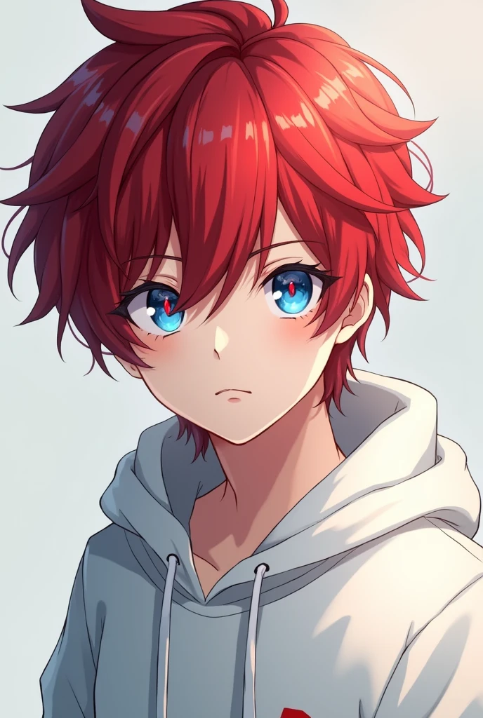 White hoodie red hair and blue eyes blue and red eyes anime boy