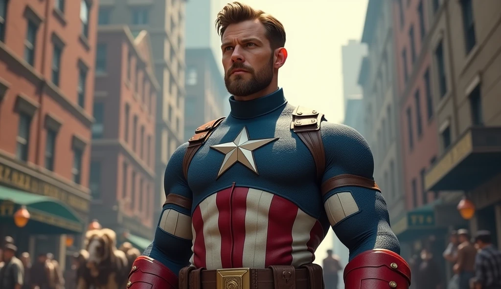 1850's Marvel Avengers character, captain america , vintage captain america, realistic, realistic character, vintage, vintage character, vintage background, male, vintage city in background, highly detailed, extremely detailed, 8k, masterpiece, ultra-detailed, photorealistic, hdr, studio lighting, physically-based rendering, extreme detail description, vivid colors, dramatic lighting, cinematic, epic, captain america from 90s, captain america clothes from 80s