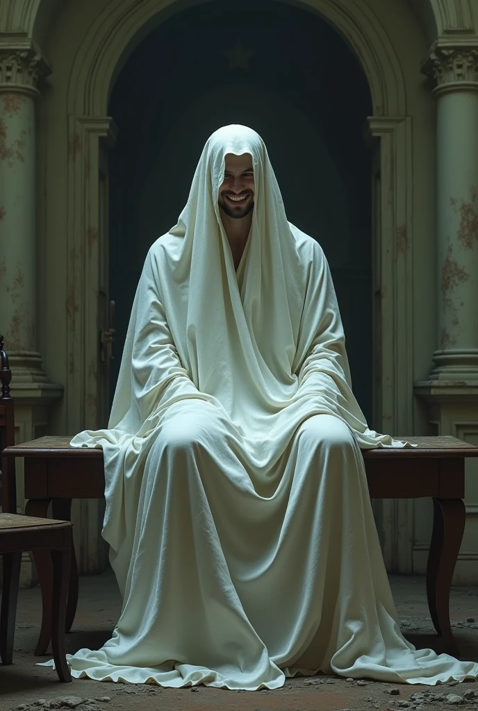 A man pretending to be dead covered with white shroud sitting on table smiling in an old mansion