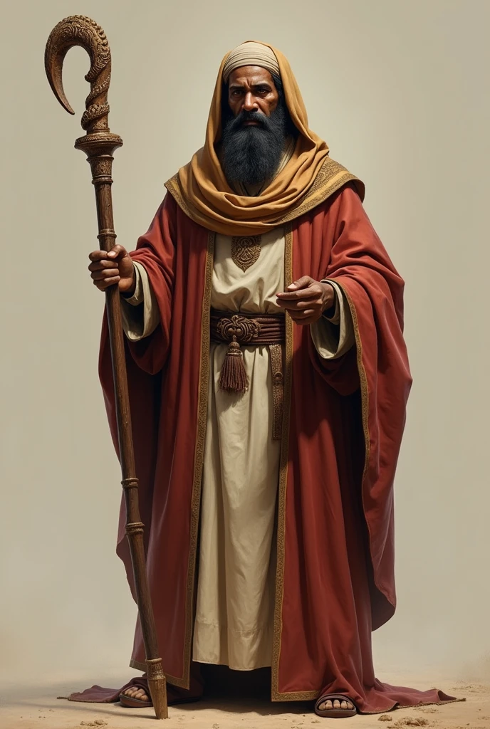 Ethiopian man descendant of Solomon in typical Jewish clothing, holding a staff full body.