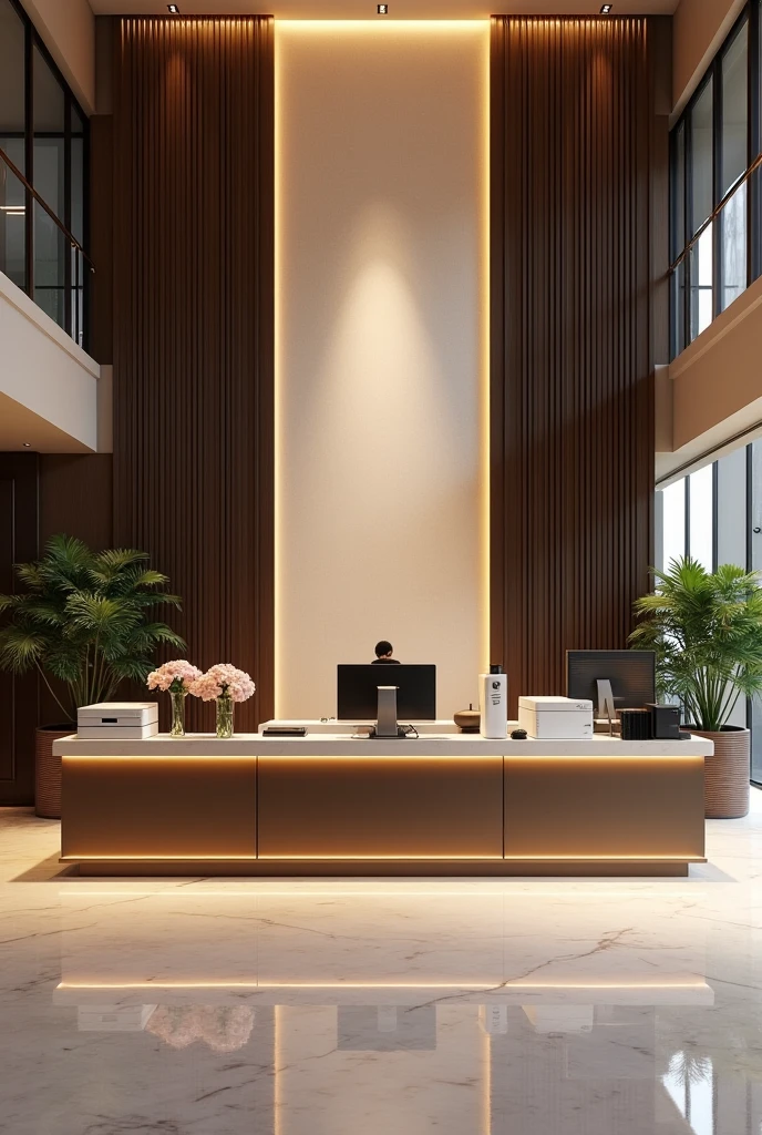 Generate a image of an 5 star hotel front office reception equipment furniture and machine and sub machine from behind desk where all things are visible Without people humans in it