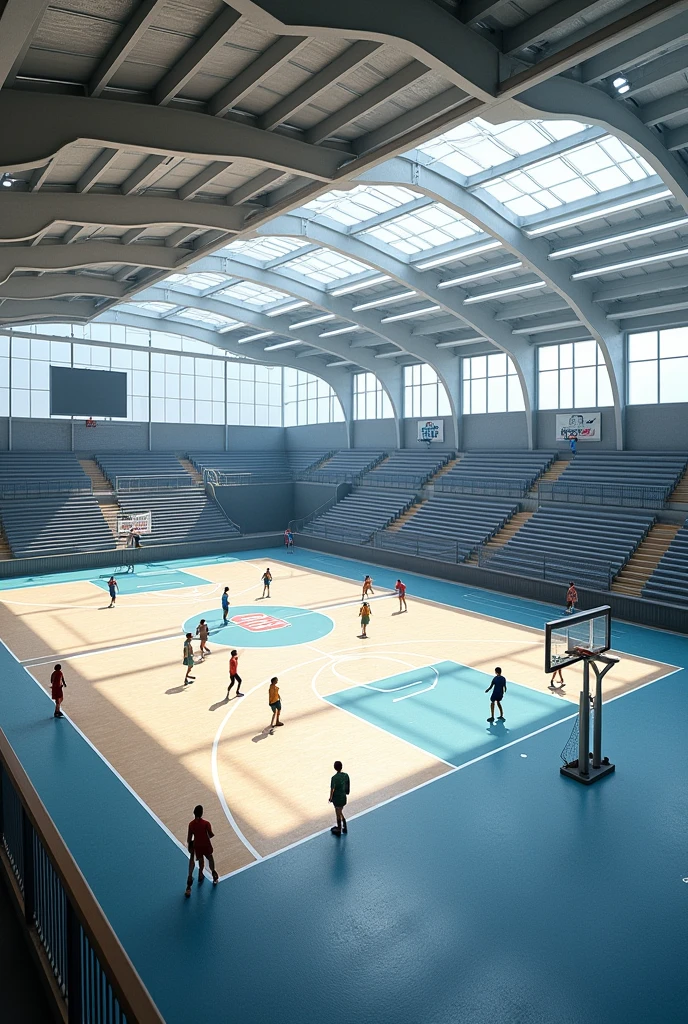 A basket ball court made of Terrazzo flooring and metal steal housing and multi task with volleyball,net ball