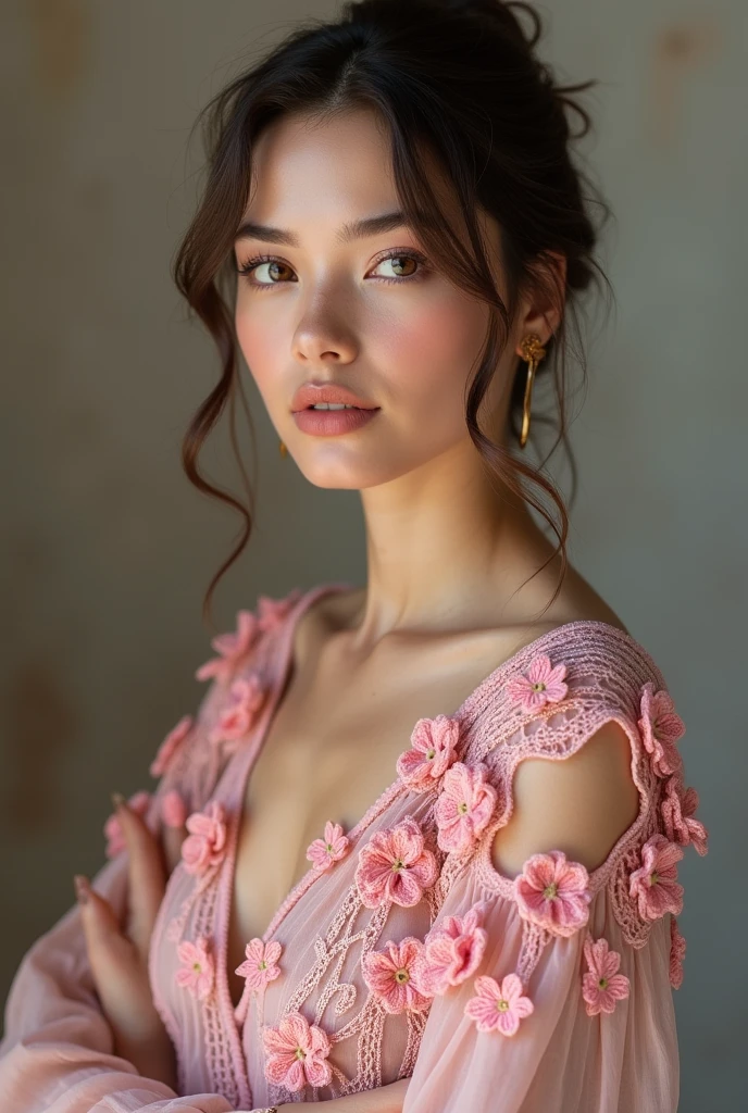 European woman model wearing pink knitted blouse with lots of small crochet flowers grouped together in delicate pink 