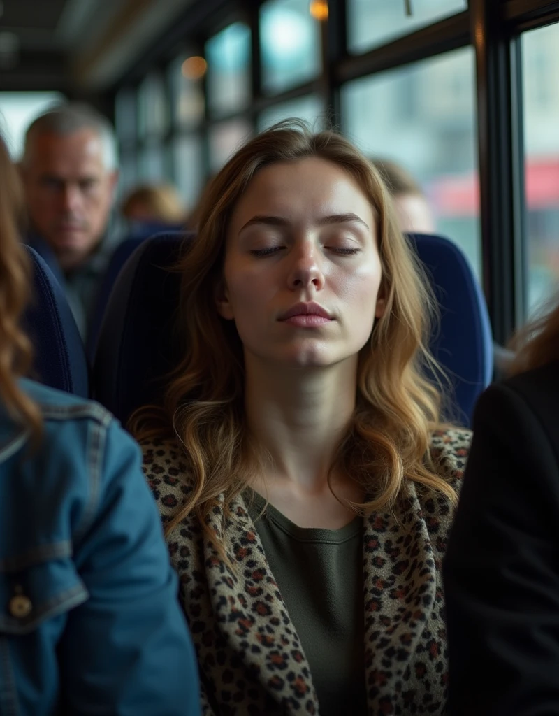 

"Une photo d'une jeune femme assise dans un bus bondé. Elle a les yeux fermés et un visage serein, comme si elle était en train de se reposer ou de méditer malgré l'agitation autour d'elle. Le bus est rempli de passagers et l'atmosphère est animée, contrastant avec le calme de la jeune femme."