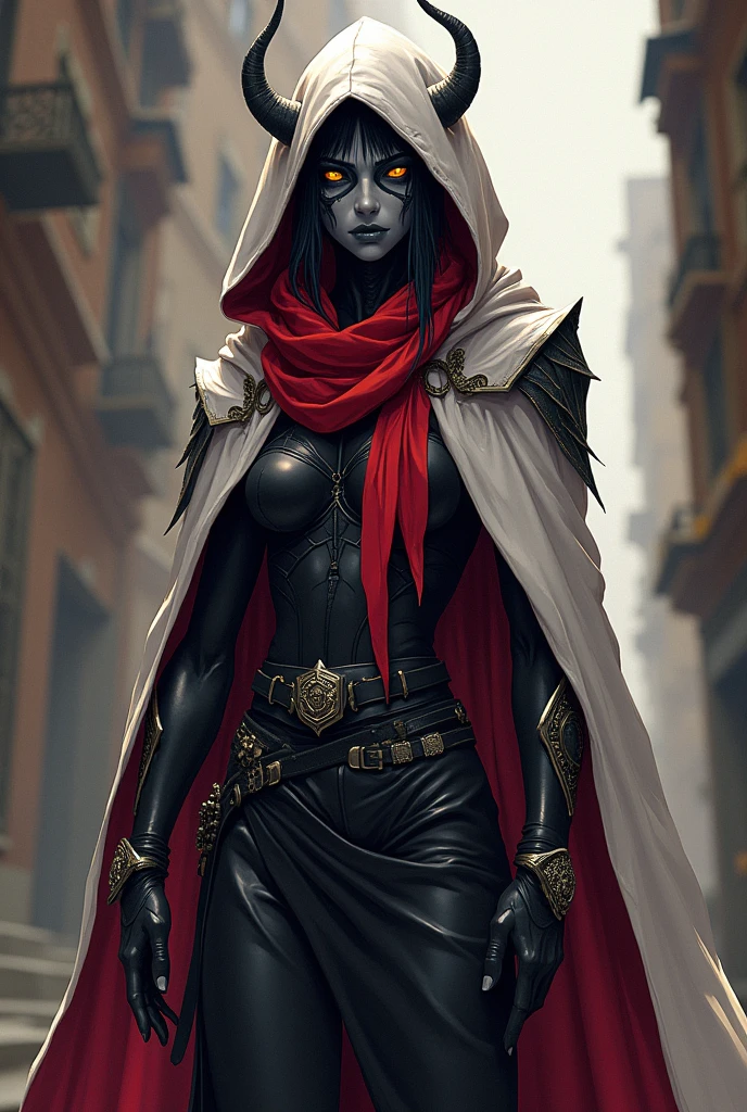((Perfect Anatomia, detailedeyes, detailed legs, detailed arms, body detailed, face detailed))8k, detailed artwork, high resolution, high détails, vivid colors, detailed plans, dark elf, 5 fingers, 2 arms, 2legs, skin black, yellow  eyes, rogue, wearing rogue clothes, long white cape, long red scarf around the neck, anime style illustrative art.