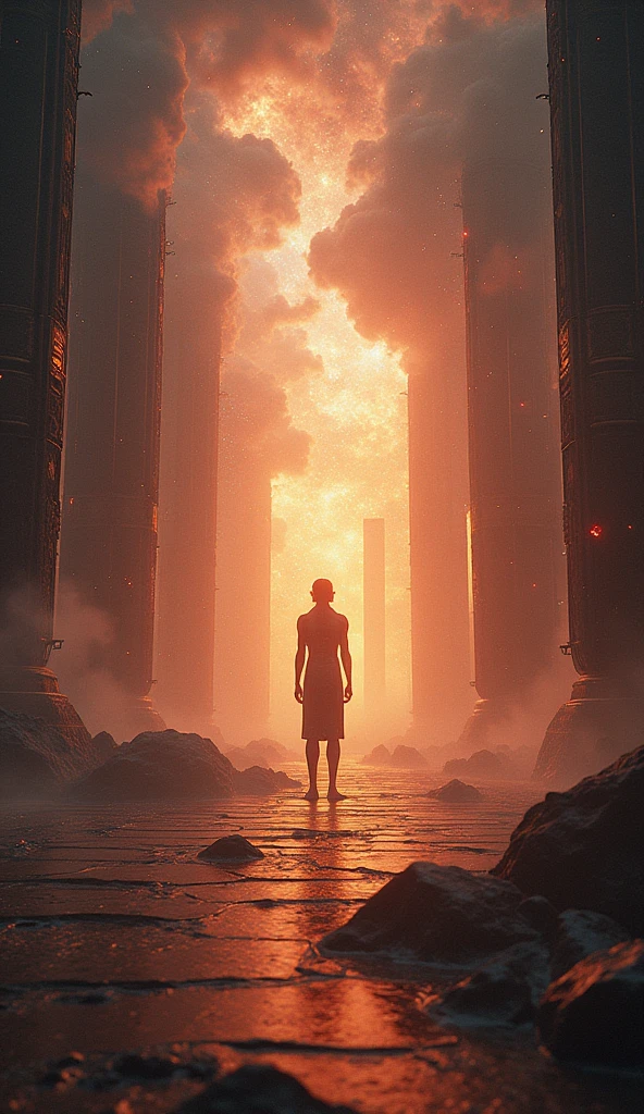 Design an image of a cosmic environment with swirling colors and ancient Egyptian symbols. The background should be rich and vibrant, depicting the primordial state. Atum’s silhouette should be blurred in the distance, emphasizing his solitary presence in the creation process. Use masterpiece, best quality, CG, wallpaper, HDR, high quality, ultra detailed, cinematic, high detail, 8k, raw, high, artstation HQ, unreal engine, octane renderer, 4k resolution, hyperrealistic, highly detailed