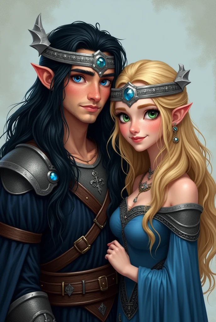 Jovem viking, lack of facial hair, velvety skin, strong jaw, rounded face, blue colored eyes, long black hair, Scrawny, with black clothes with blue details, wearing a silver crown with precious stones. and by your side, a viking queen, lowrise, blonde, slim, long blondie hair, greeneyes, with blue dress with black details, with a delicate silver crown on her head.